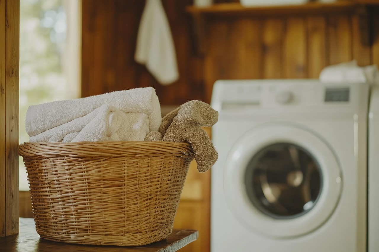 A basket of laundry next to a washing machine